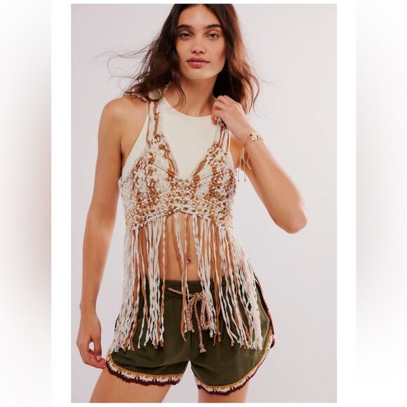 FREE PEOPLE Festival Macrame Metallic Beaded Halter Tank Top Cover Up Size Small - Picture 2 of 7